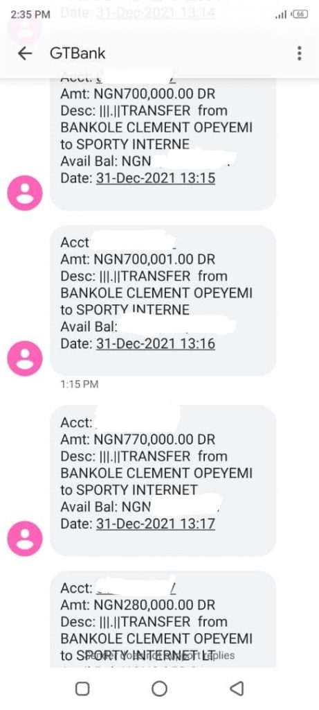 Debit alerts on Clement Opeyemi's account.
