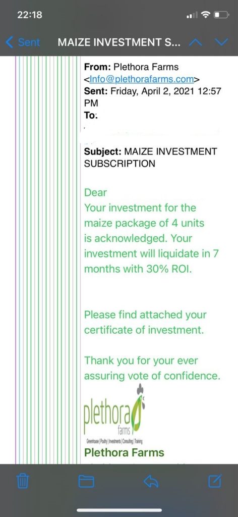 Proof of Maize Investment Subscription