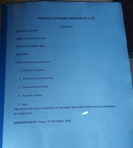 Assignment given after second class as a job-seeker at Proways Dynamic Resources