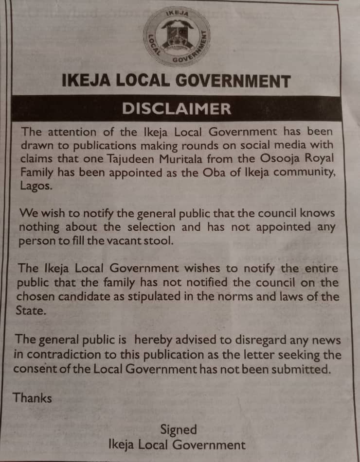 Disclaimer on the appointment of one Tajudeen Muritala