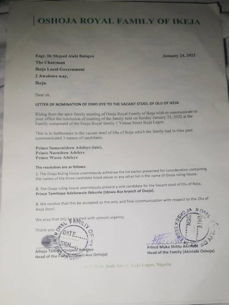 Majekodunmi's Letter of Nomination