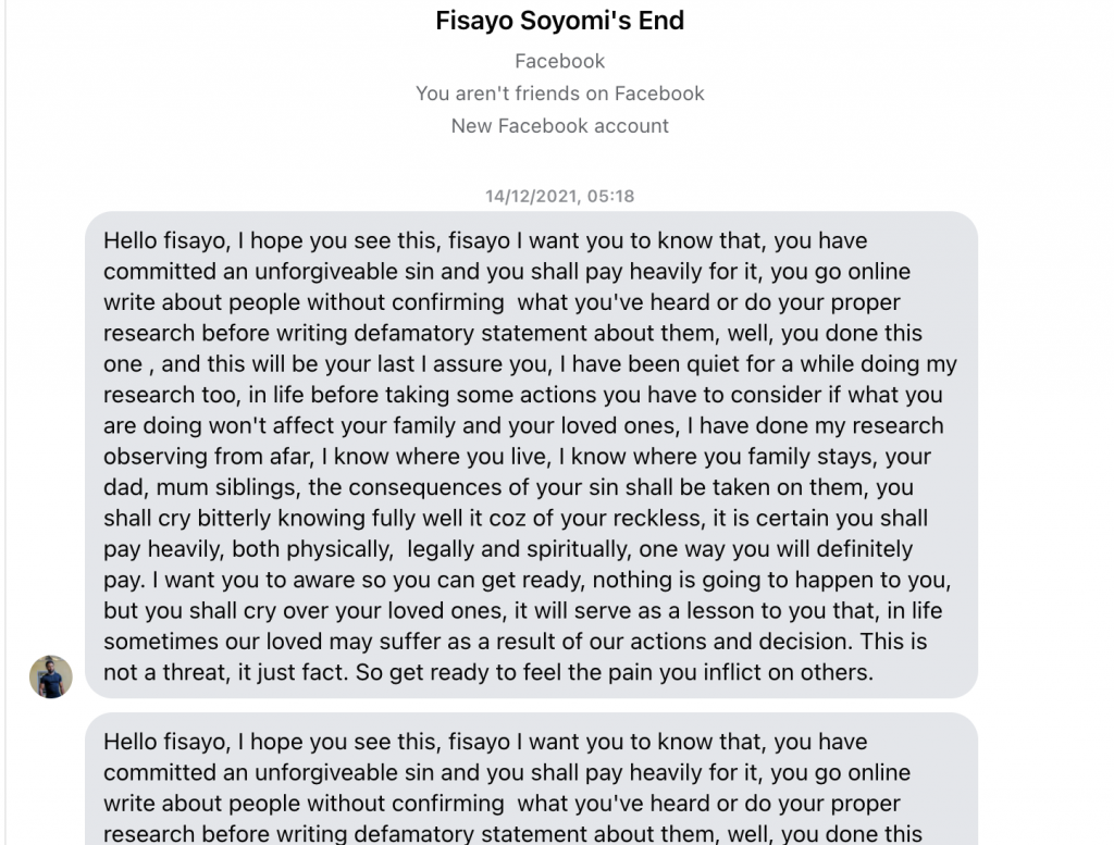 Threat messages sent to 'Fisayo Soyombo