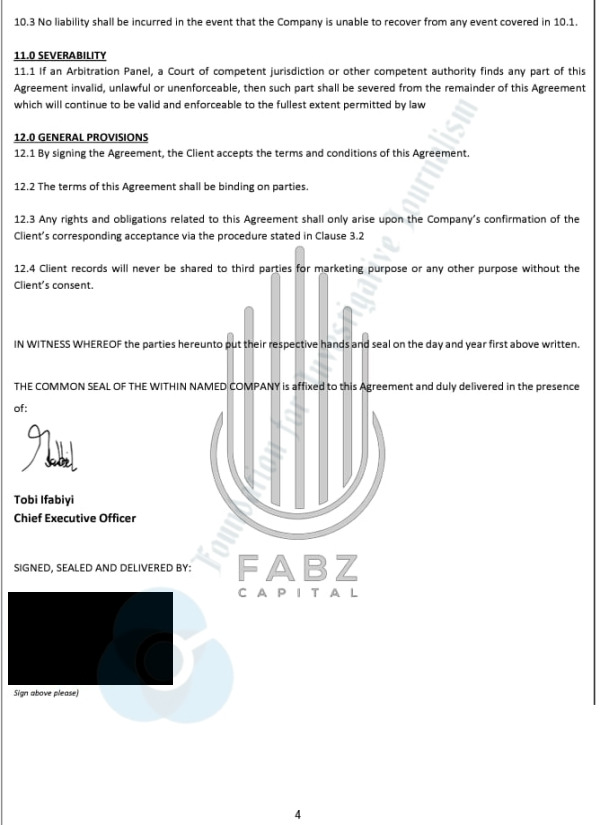 Signed agreement between Fabz Capital and  an investor