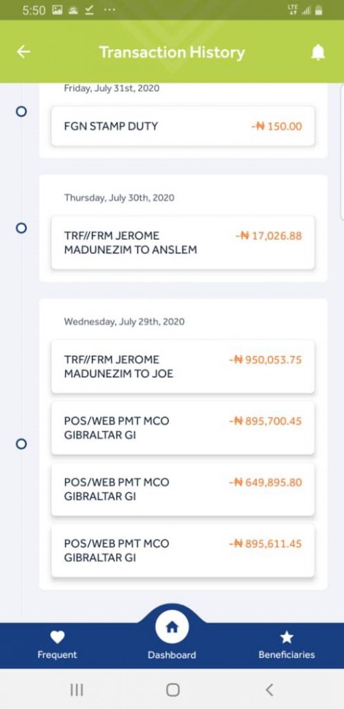 Second Screenshot. Initial transaction. Credit alert received on July 29, 2020