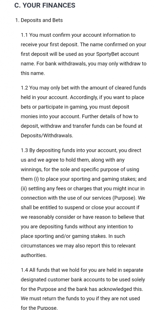 The Finance subsection of the Terms and Conditions of Sportybet website