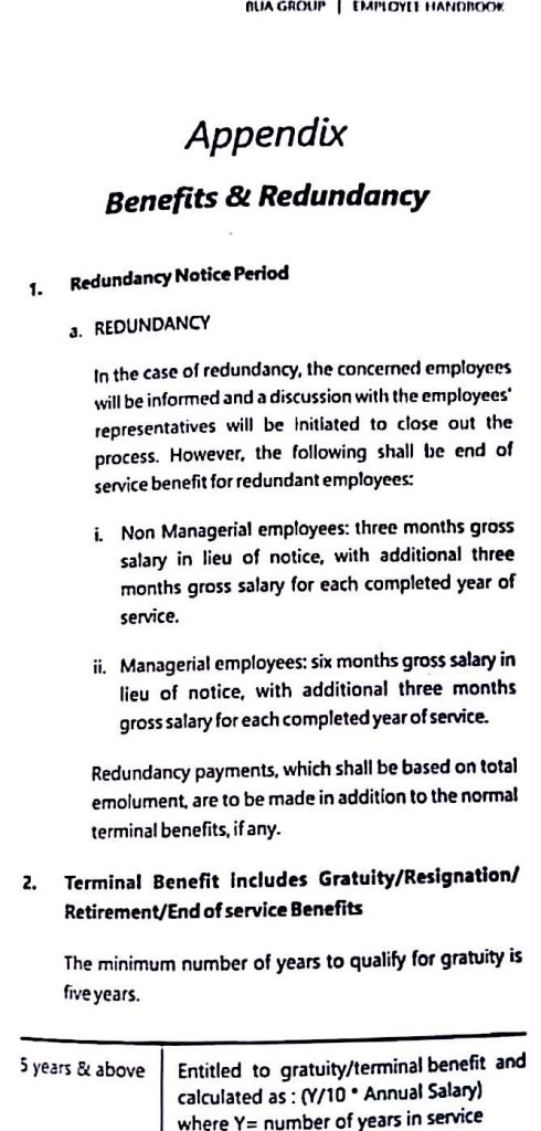 Terminal benefit clause as stated in BUA employee handbook
