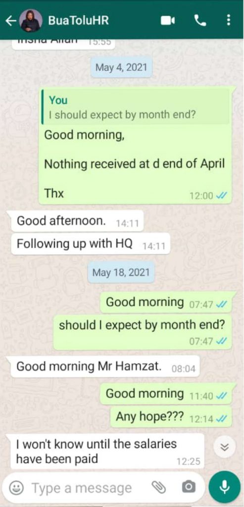Whatsapp chat with HR staff of BUA