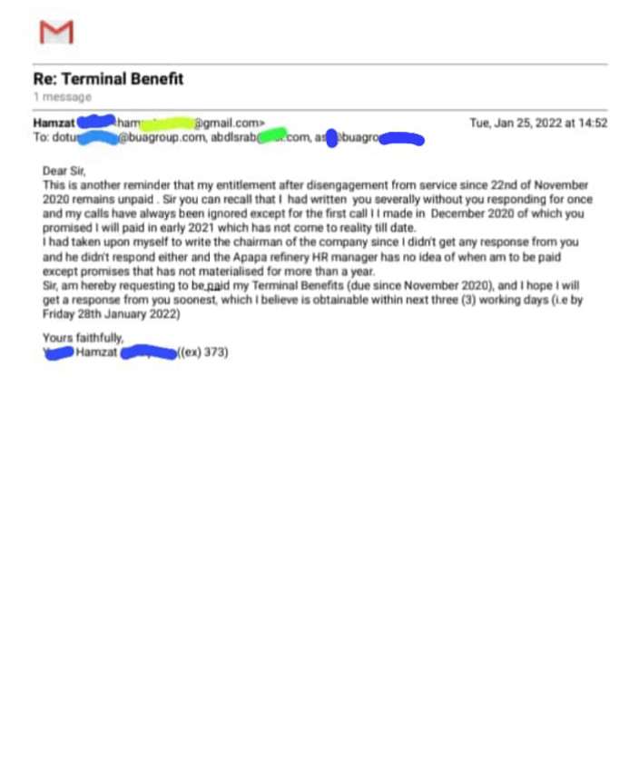 An email reminder on his terminal benefit