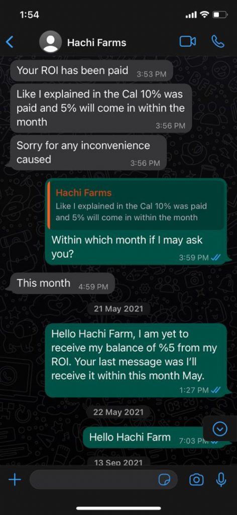 Thomas' whatsapp chat with a representative of Hachi Farms