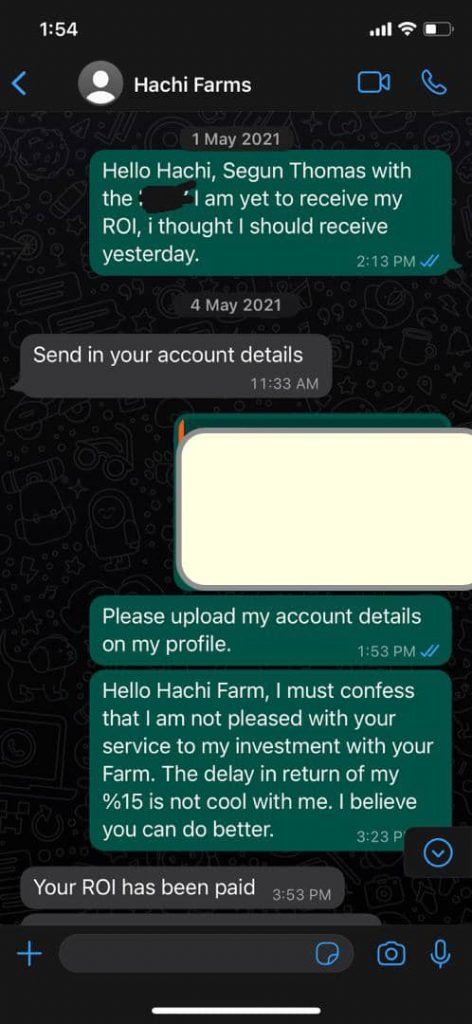 Thomas' whatsapp chat with a representative of Hachi Farms