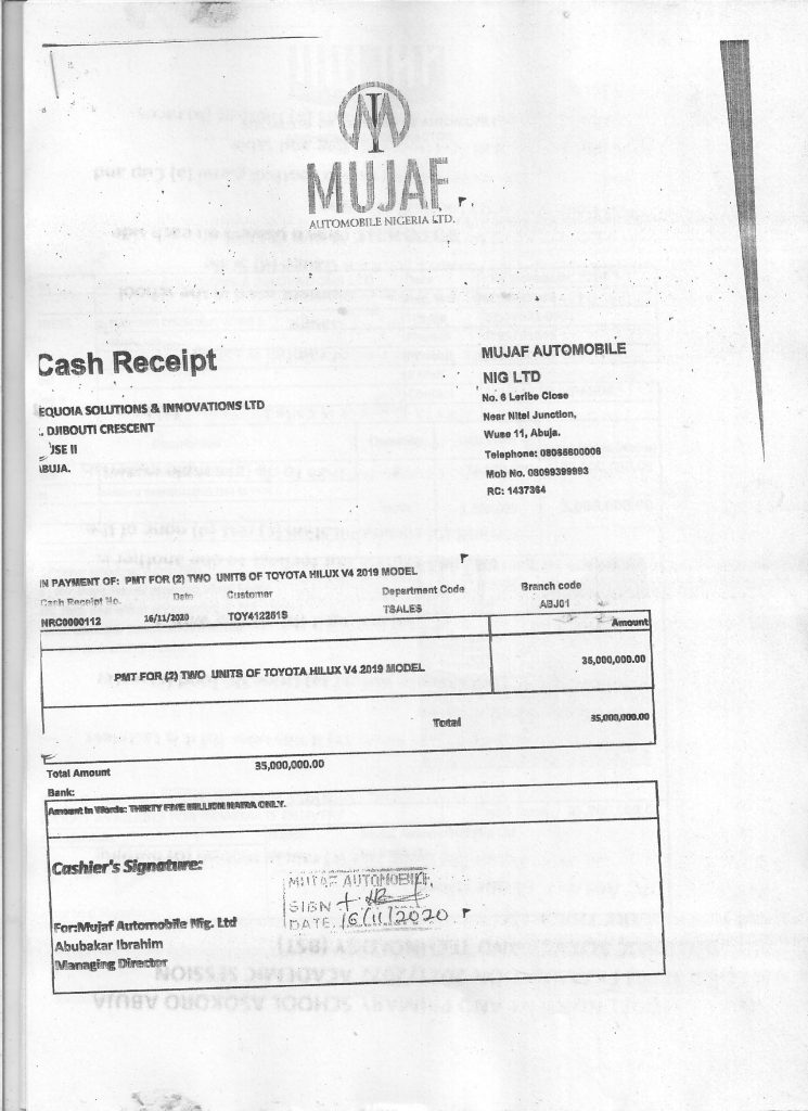 Cash receipt from Mujaf
