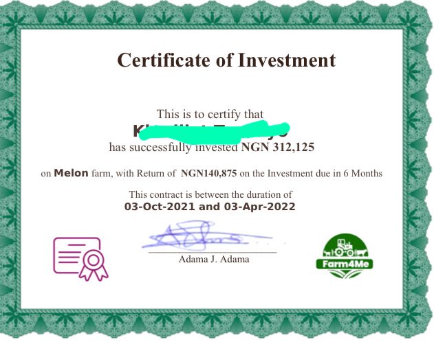 Certificate Issued by Adama On One of The Lecturer's Investments