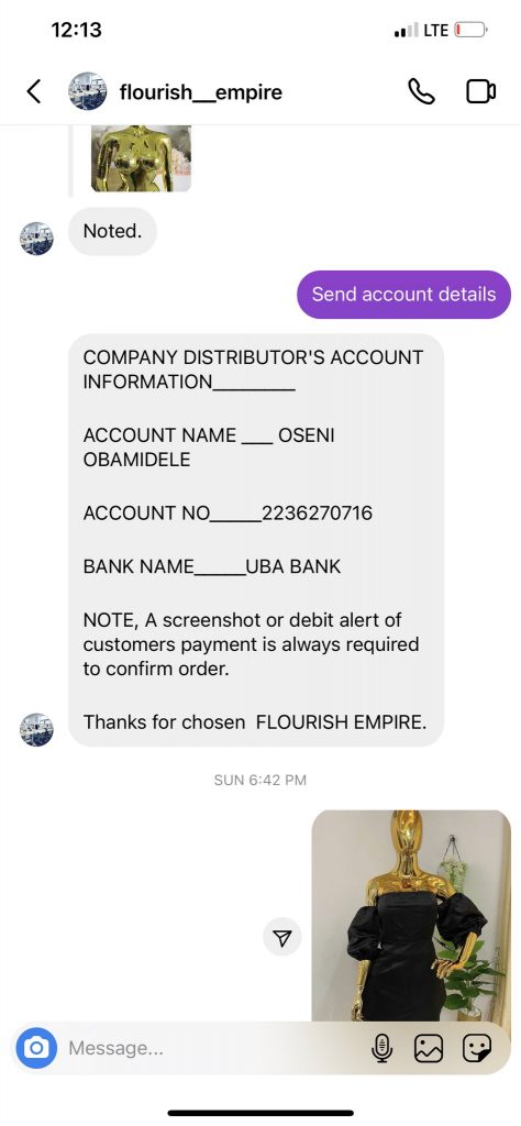 Instagram chat with the fraudulent vendor