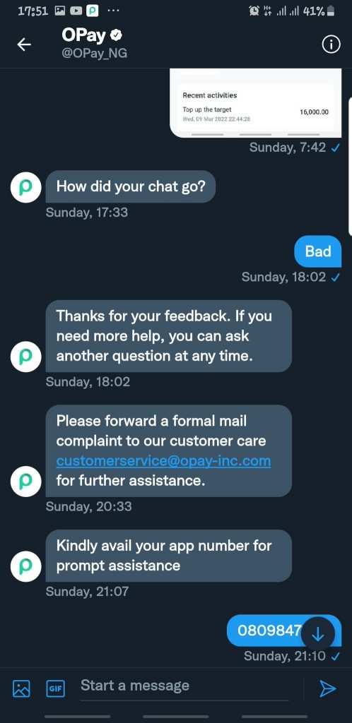 Chat with Opay on Twitter 