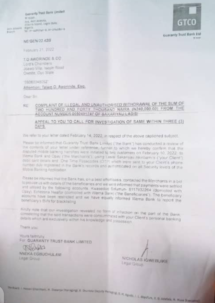 GTBank's Response to Lasisi's Lawyers