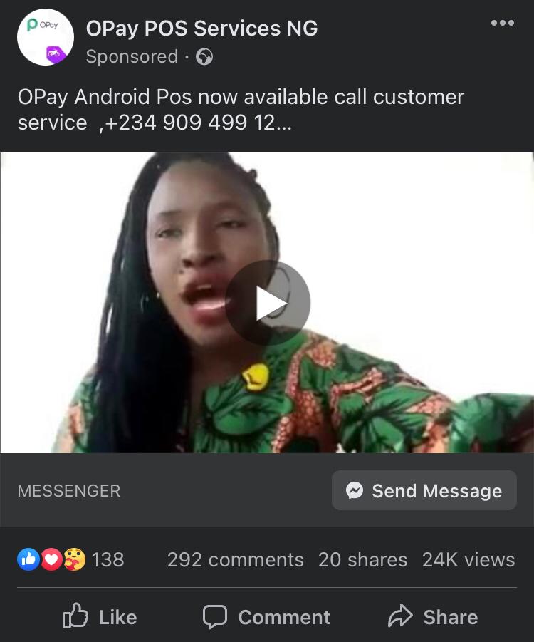 An OPay fake page sponsoring a post to deceive people