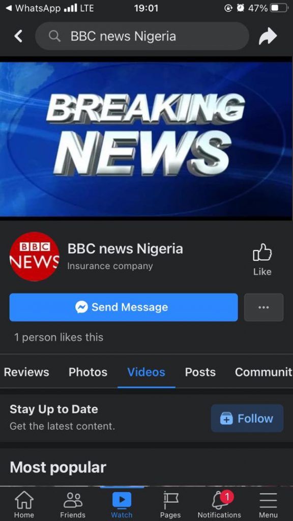The profile of the fake BBC page