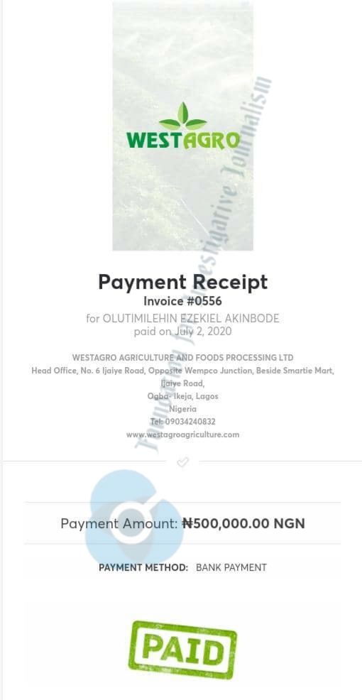 Payment confirmation for Akinbode's first investment