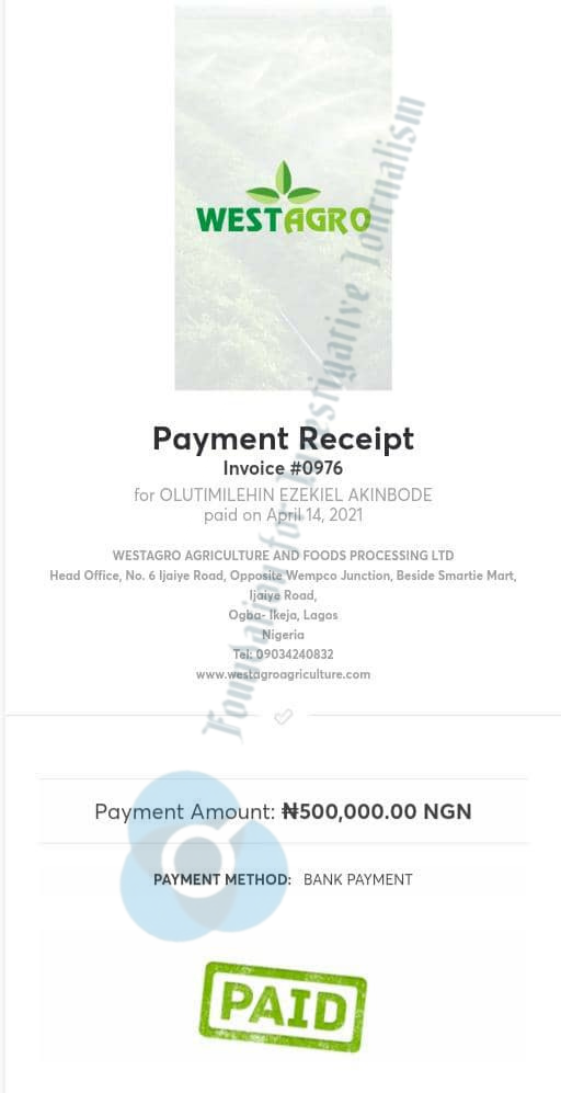 Payment confirmation for Akinbode's second investment