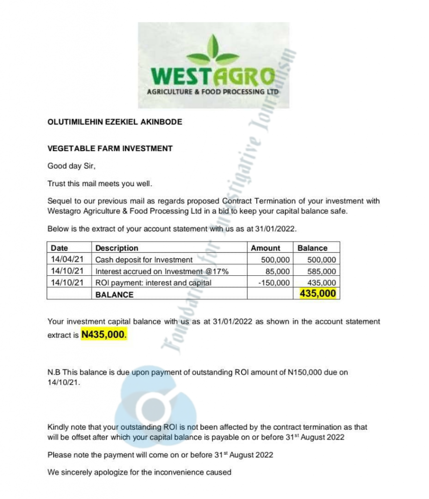 West Agro's confirmation of Akinbode's termination