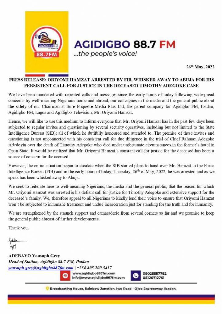Press Release by Agidigbo FM