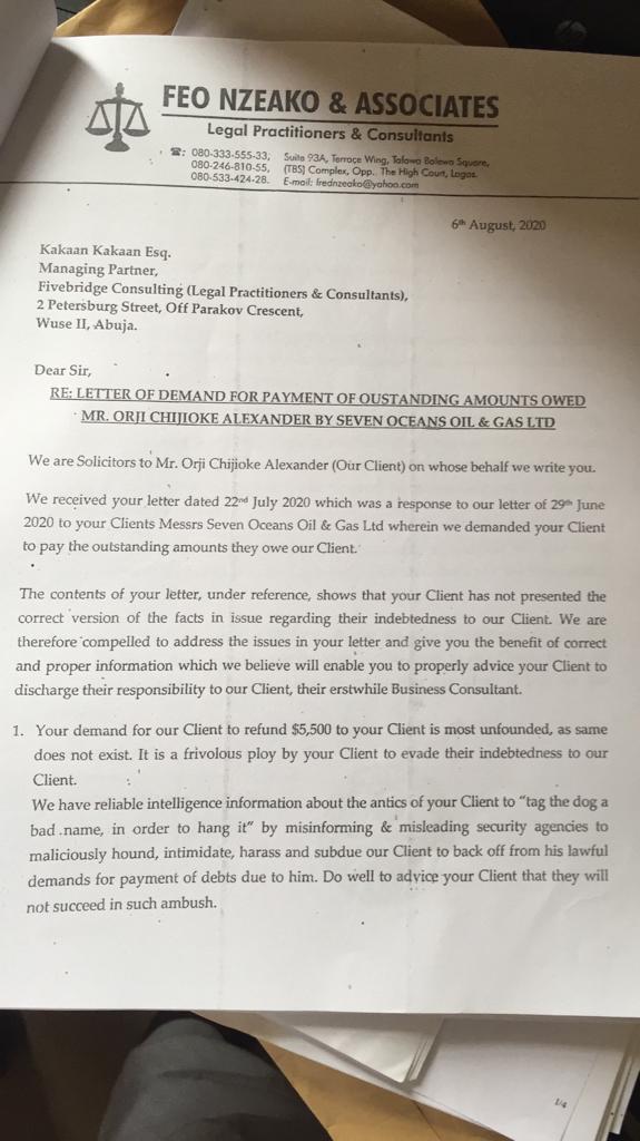 Letter from the lawyer demanding for Orji's payment.