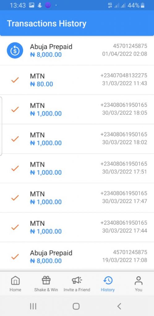 Customer's transaction history reflecting the #8000 paid for electricity.
