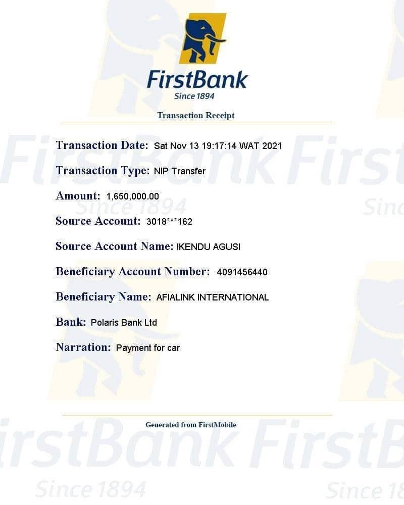 Payment to Afialink for the Hyundai Sonata
