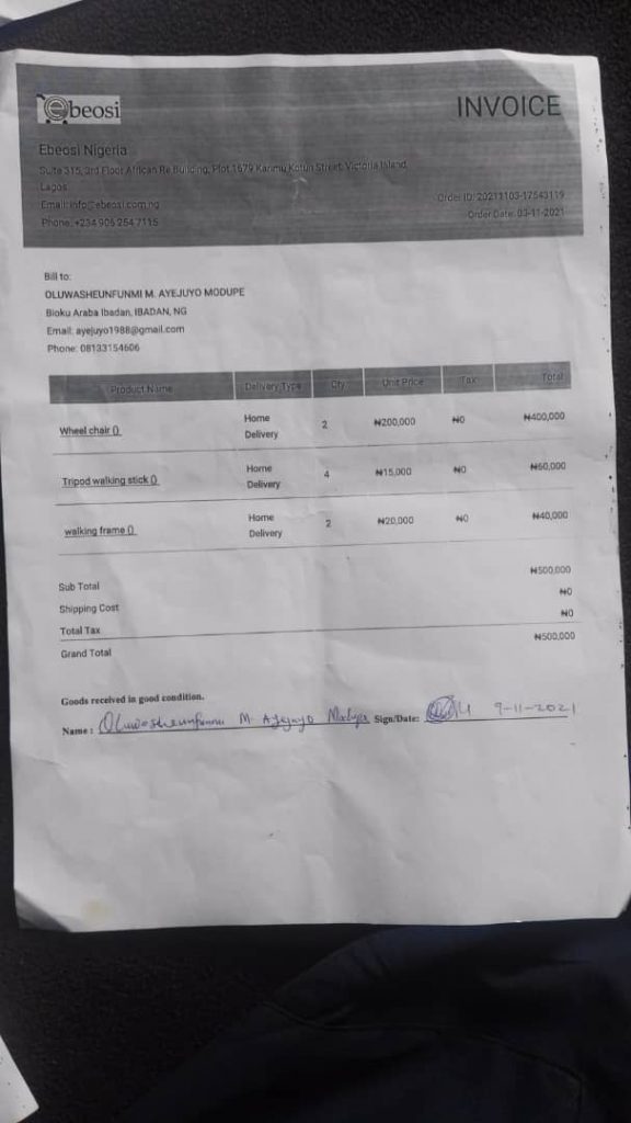 Invoice form from Ebe Osi Nigerian Ltd.