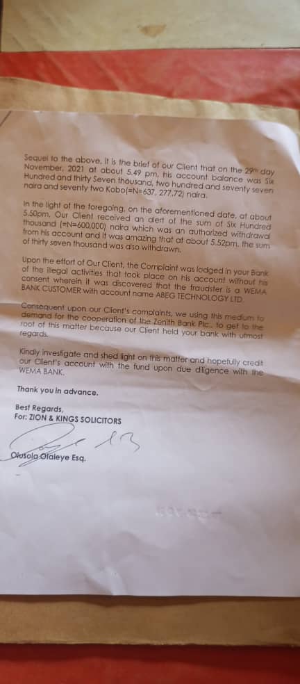 The letter Felix took to Zenith Bank