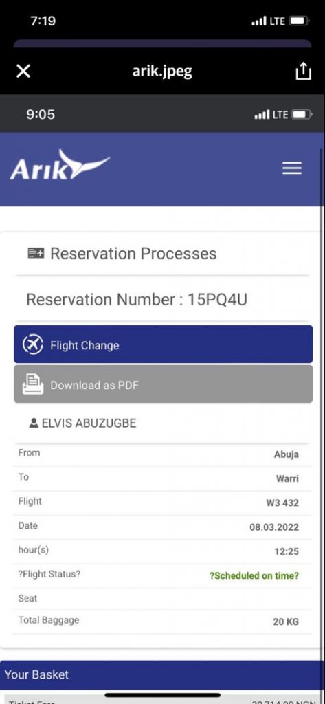 Abuzugbe's flight details with Arik Air