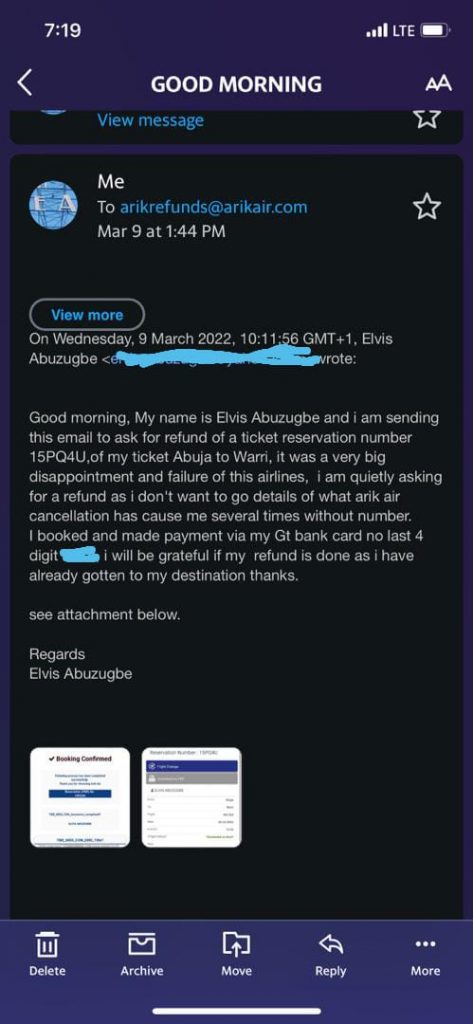 Email from Elvis requesting for ticket refund.