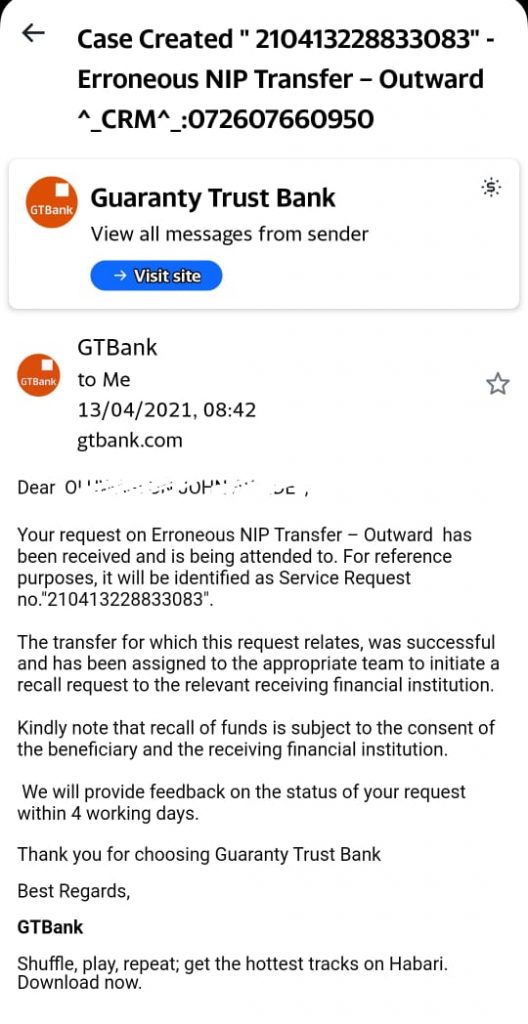 The Email Sent to Ayinde by GTBank 