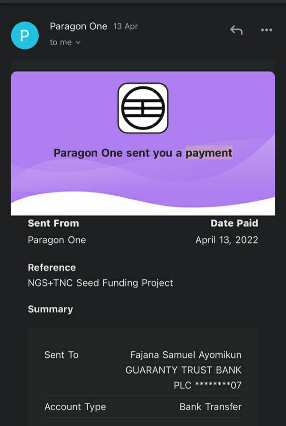 Receipt of payment from Paragon