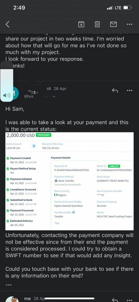 Fajana conversation with Paragon on the payment