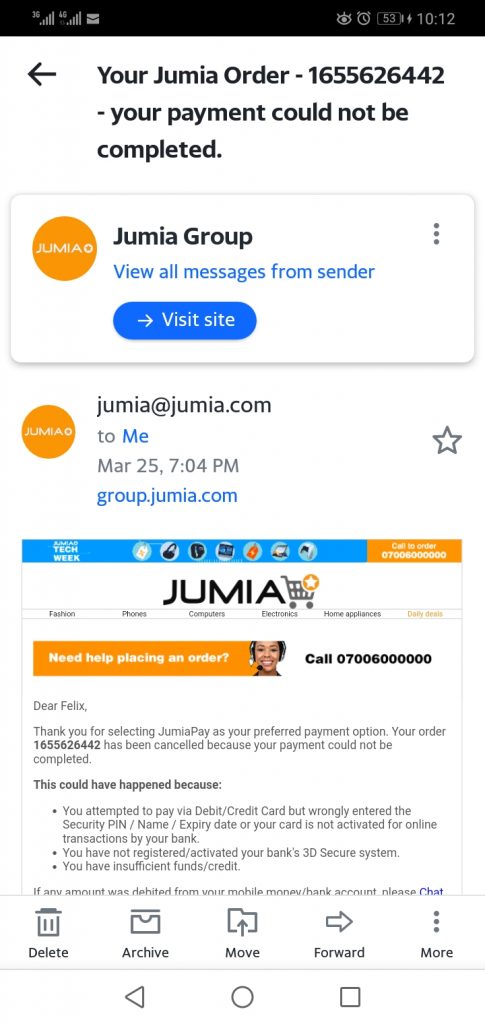 Jumia claimed the transaction was not successful