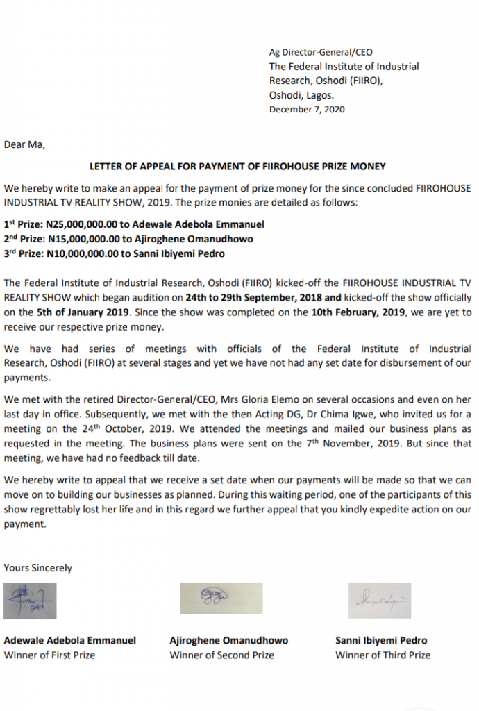 A letter of appeal to FIIRO signed by the winners of FIIRO House. 