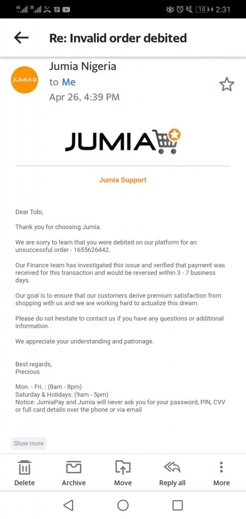 Jumia's Email Response