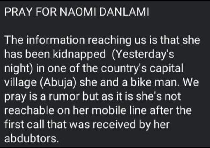 Facebook post by Naomi's friends after her 'abduction'.