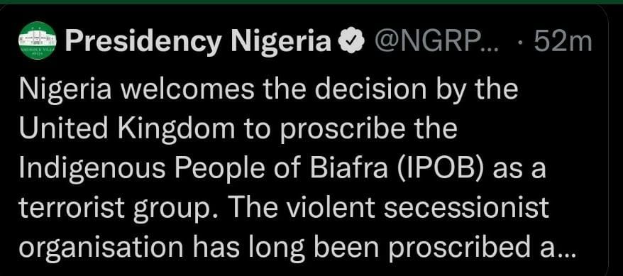 The tweet by the Nigerian Presidency