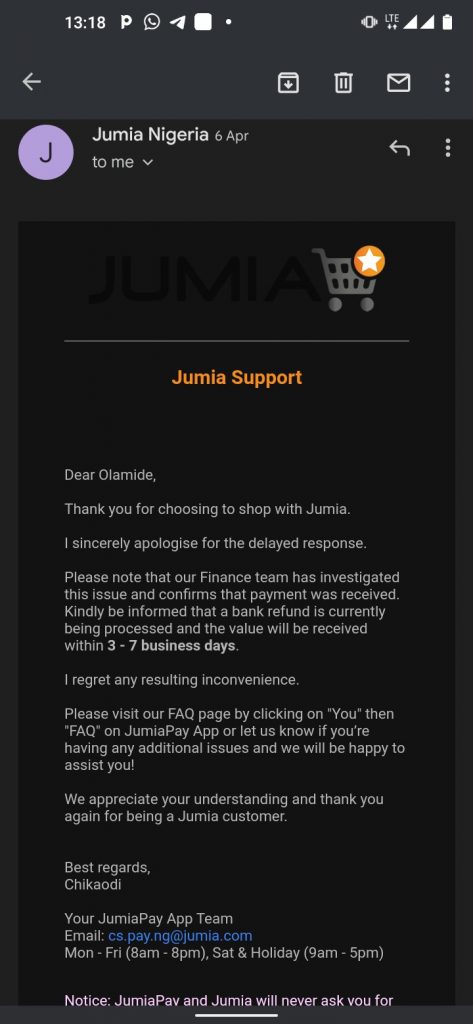 Email from Jumia Support