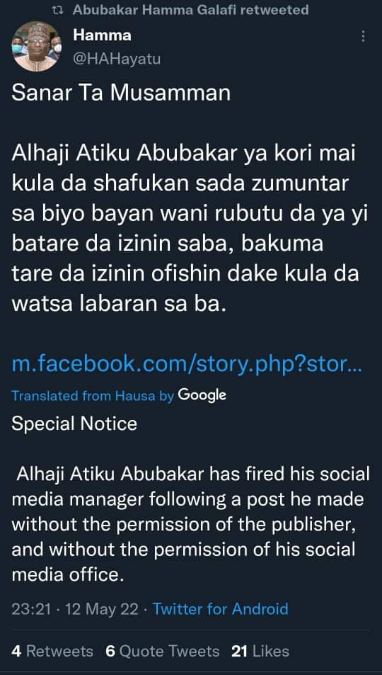Rumour on  Atiku firing his social media manager