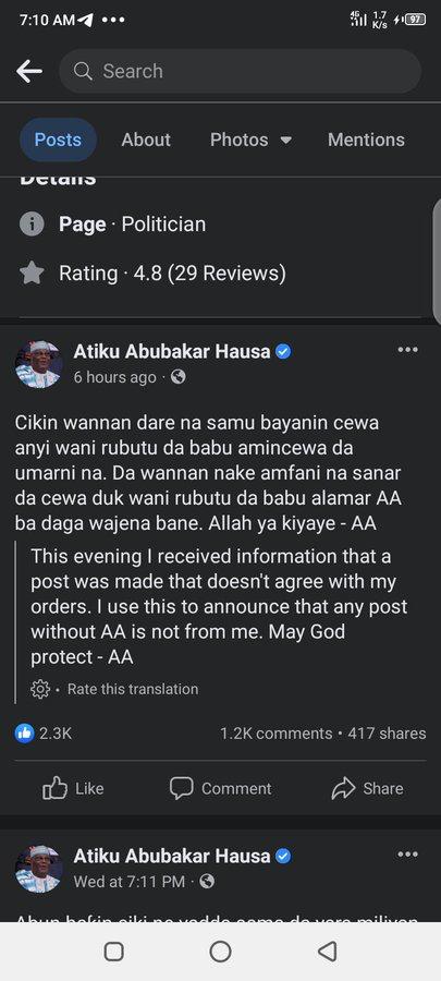 Atiku's facebook post in Hausa