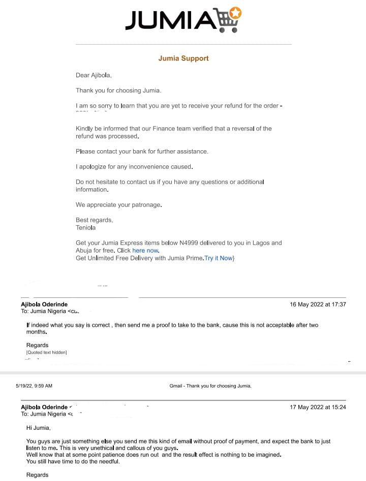 Jumia's information on paid refund. 