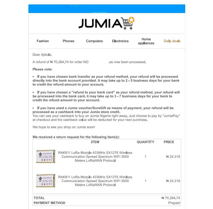 Jumia's information on refund being processed.