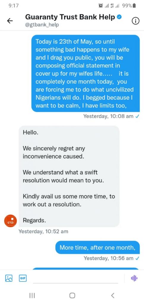 Jerry's conversation with GTBank customer care