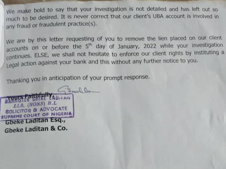 Fajeesin's lawyer's letter to Sterling Bank