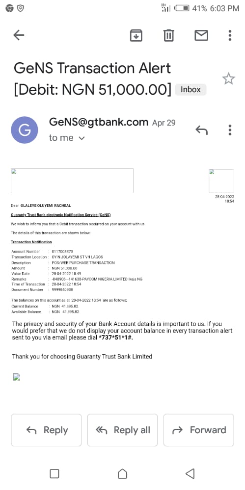 Email of Receipt from GTBank