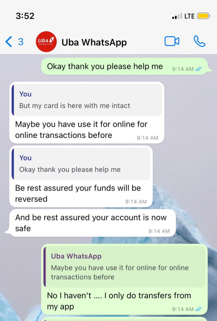 Chat with UBA  customer care on Whatsapp.