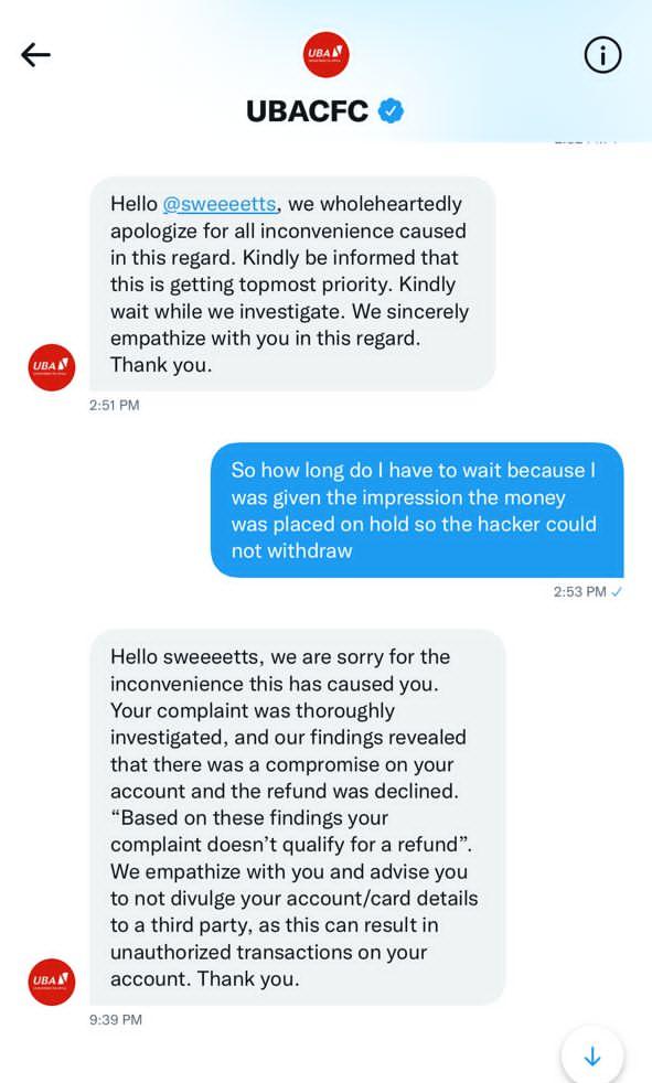 Chat with UBA  customer care on Twitter.